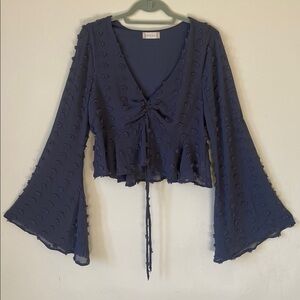 Altar'd State Gray blouse with textured polka dot details and long bell sleeves